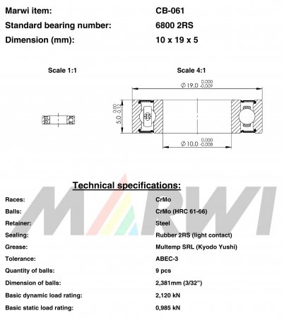 ROULEMENT 6800 2RS  10x19x5 CB061 CB-061 CB-061