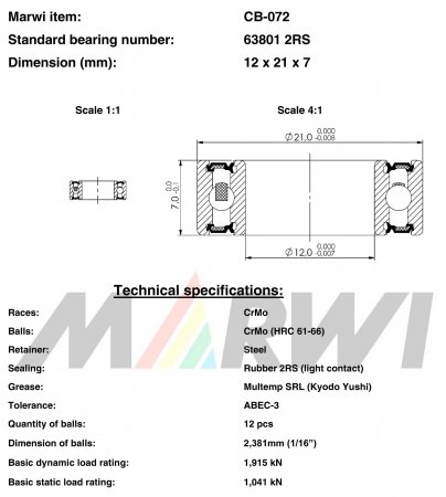 ROULEMENT 63801 2RS  12x21x7 CB072 CB-072 CB-072