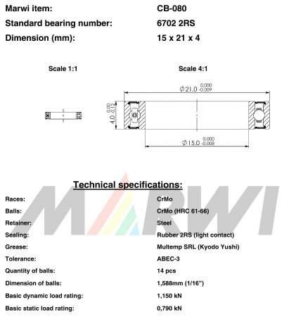 ROULEMENT 6702 2RS  15x21x4 CB080 CB-080 CB-080