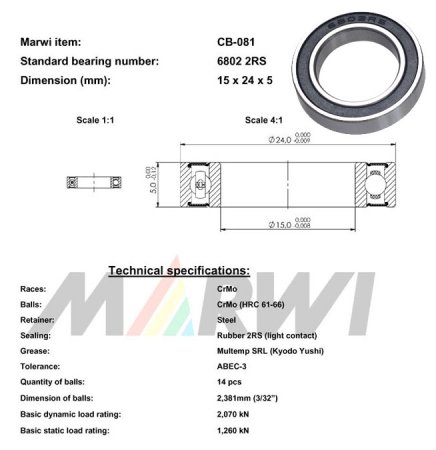 ROULEMENT 6802 2RS  15x24x5 CB081 CB-081 CB-081