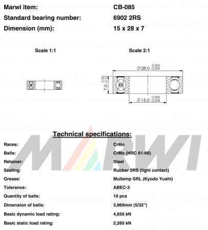 ROULEMENT 6902 2RS  15x28x7 CB085 CB-085 CB-085