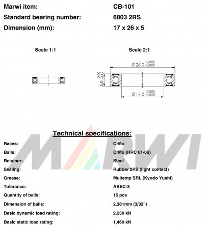 ROULEMENT 6803 2RS  17x26x5 CB101 CB-101 CB-101