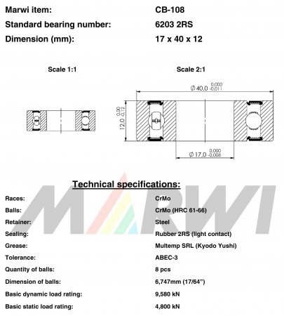 ROULEMENT 6203 2RS  17x40x12 CB108 CB-108 CB-108