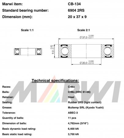 ROULEMENT 6904 2RS  20x37x9 CB134 CB-134 CB-134