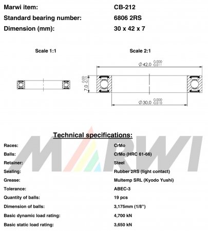 ROULEMENT 6806 2RS  30x42x7 CB212 CB-212 CB-212