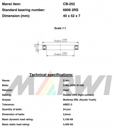 ROULEMENT 6808 2RS  40x52x7 CB252 CB-252 CB-252