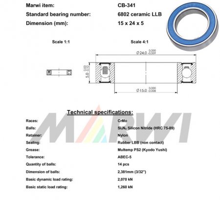 ROULEMENT CERAMIQUE 6802 LLB 15x24x5 CB341 CB-341 CB-341