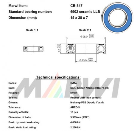 ROULEMENT CERAMIQUE 6902 LLB  15x28x7 CB347 CB-347 CB-347