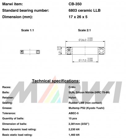 ROULEMENT CERAMIQUE 6803 LLB  17x26x5 CB350 CB-350 CB-350