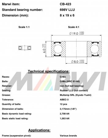 ROULEMENT MAX 698V   LLU  8x19x6 CB423 CB-423 CB-423