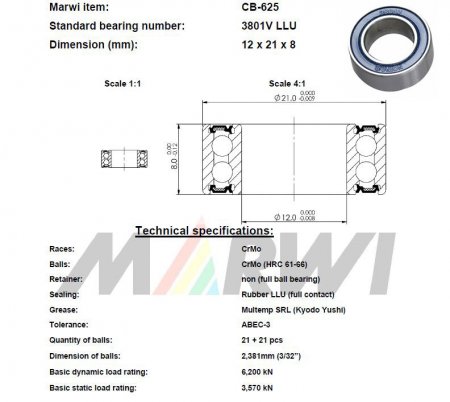 ROULEMENT MAX 3801V DOUBLE RANGEE LLU 12x21x8 CB625 CB-625 CB-625