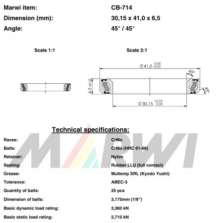 ROULEMENT DIRECTION 30,15x41,0x6,5  45°/45° CB714 CB-714 CB-714