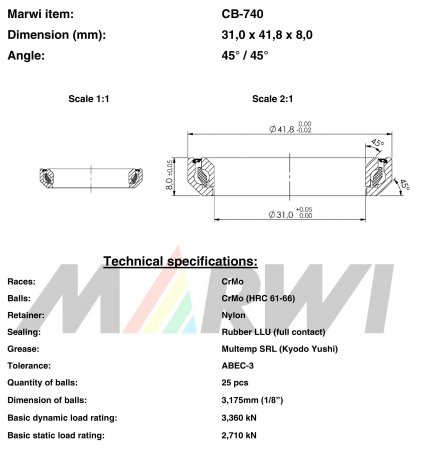 ROULEMENT DIRECTION 31,0x41,8x8     45°/45° CB740 CB-740 CB-740