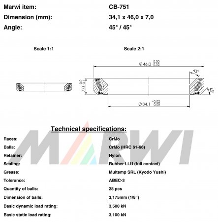 ROULEMENT DIRECTION 34,1x46x7     45°/45° CB751 CB-751 CB-751