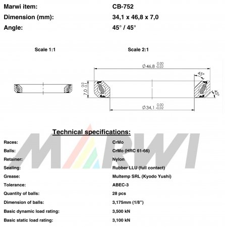 ROULEMENT DIRECTION 34,1x46,8x7     45°/45° CB752 CB-752 CB-752