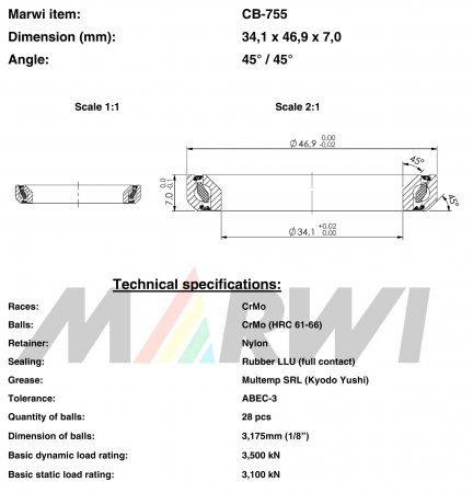 ROULEMENT DIRECTION 34,1x46,9x7     45°/45° CB755 CB-755 CB-755