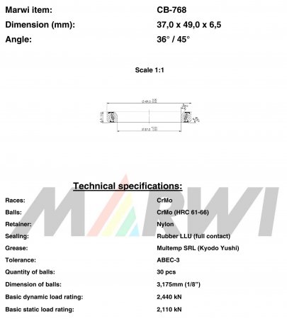 ROULEMENT DIRECTION 37,0x49,0x6,5  36°/45° CB768 CB-768 CB-768