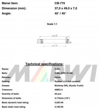 ROULEMENT DIRECTION 37,0x49,0x7     45°/45° CB770 CB-770 CB-770