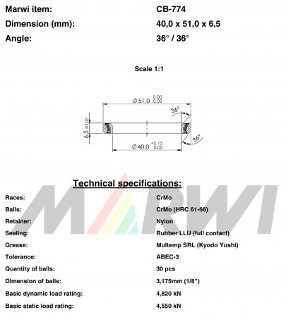 ROULEMENT DIRECTION 40,0x51,0x6,5  36°/36° CB774 CB-774 CB-774