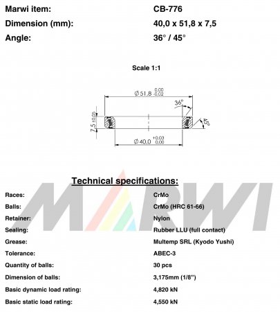 ROULEMENT DIRECTION 40,0x51,8x7,5  36°/45° CB776 CB-776 CB-776