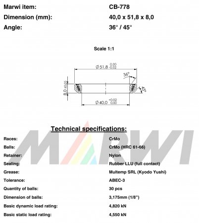 ROULEMENT DIRECTION 40,0x51,8x8     36°/45° CB778 CB-778 CB-778