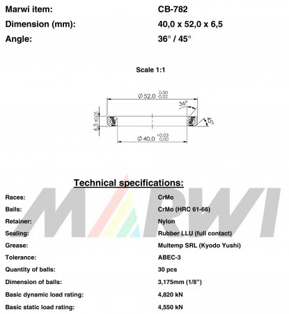 ROULEMENT DIRECTION 40,0x52,0x6,5  36°/45° CB782 CB-782 CB-782