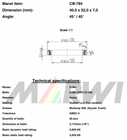 ROULEMENT DIRECTION 40,0x52,0x7     45°/45° CB784 CB-784 CB-784