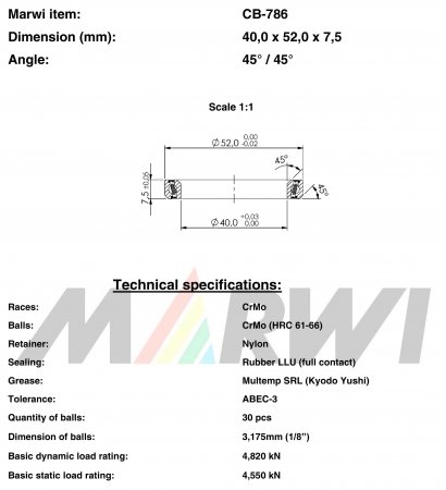 ROULEMENT DIRECTION 40,0x52,0x7,5  45°/45° CB786 CB-786 CB-786