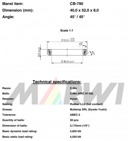 ROULEMENT DIRECTION 40,0x52,0x8     45/45° CB790 CB-790 CB-790