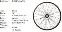 ROUE 20" BMX ARRIERE JANTE ALU 48 RAYONS NOIR CNC FREIN PATIN MOYEU ALU AXE DE 10 ECROUS ROUE LIBRE 1V FREESTYLE  RBMX48AR10