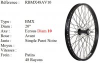 ROUE 20" BMX AVANT JANTE ALU 48 RAYONS NOIR CNC FREIN PATIN MOYEU ALU AXE DE 10 ECROUS FREESTYLE RBMX48AV10